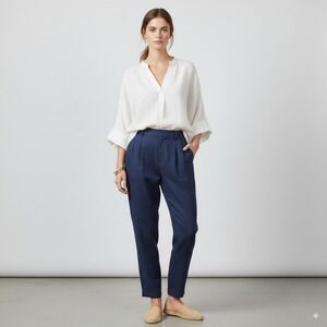 Ellen Tracy Women's 100% Linen Pleated‎ Barrel Leg Dress Pants Navy Blue Size 14